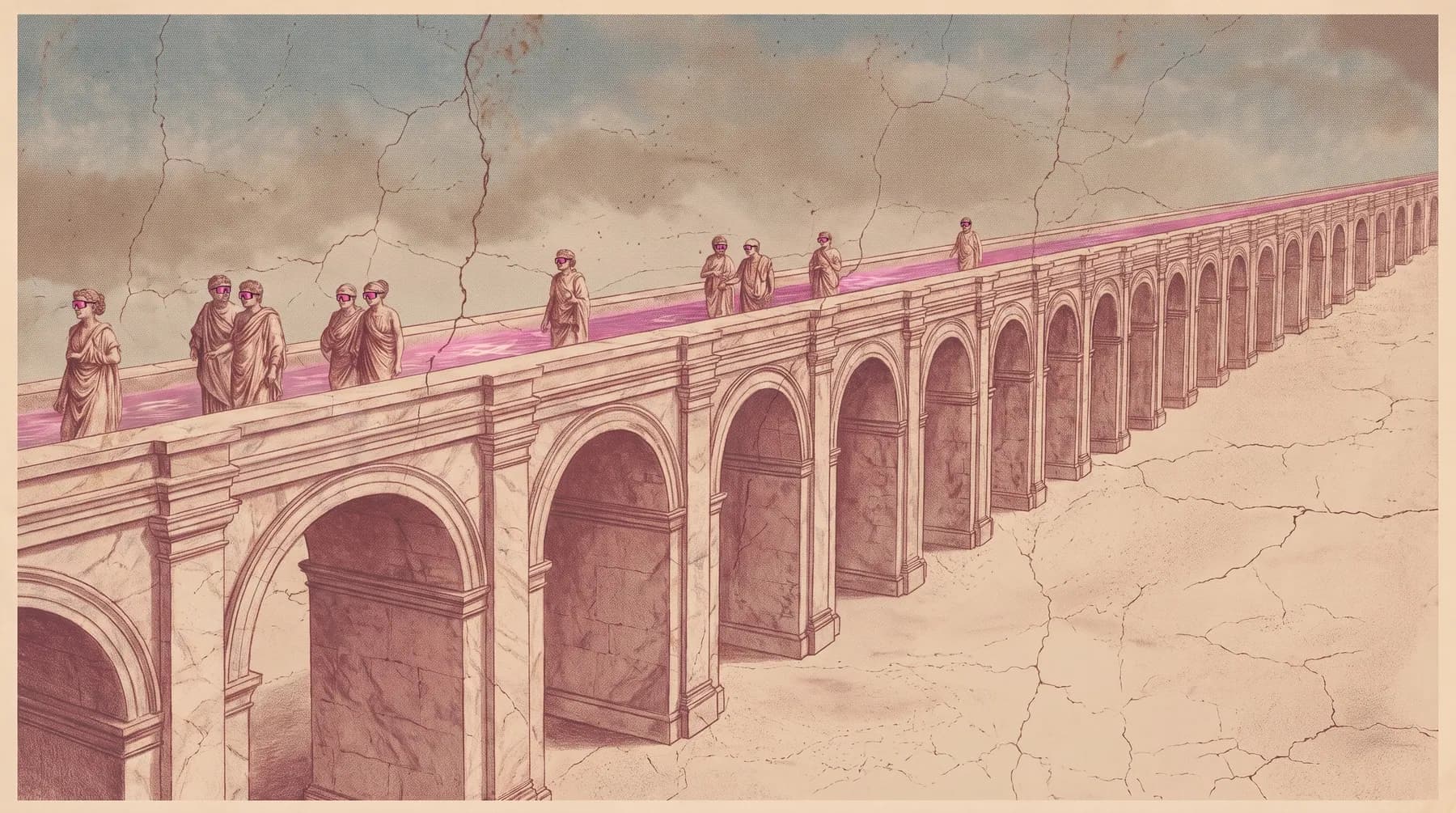 An aqueduct carrying a channel of glowing magenta water across a plain
