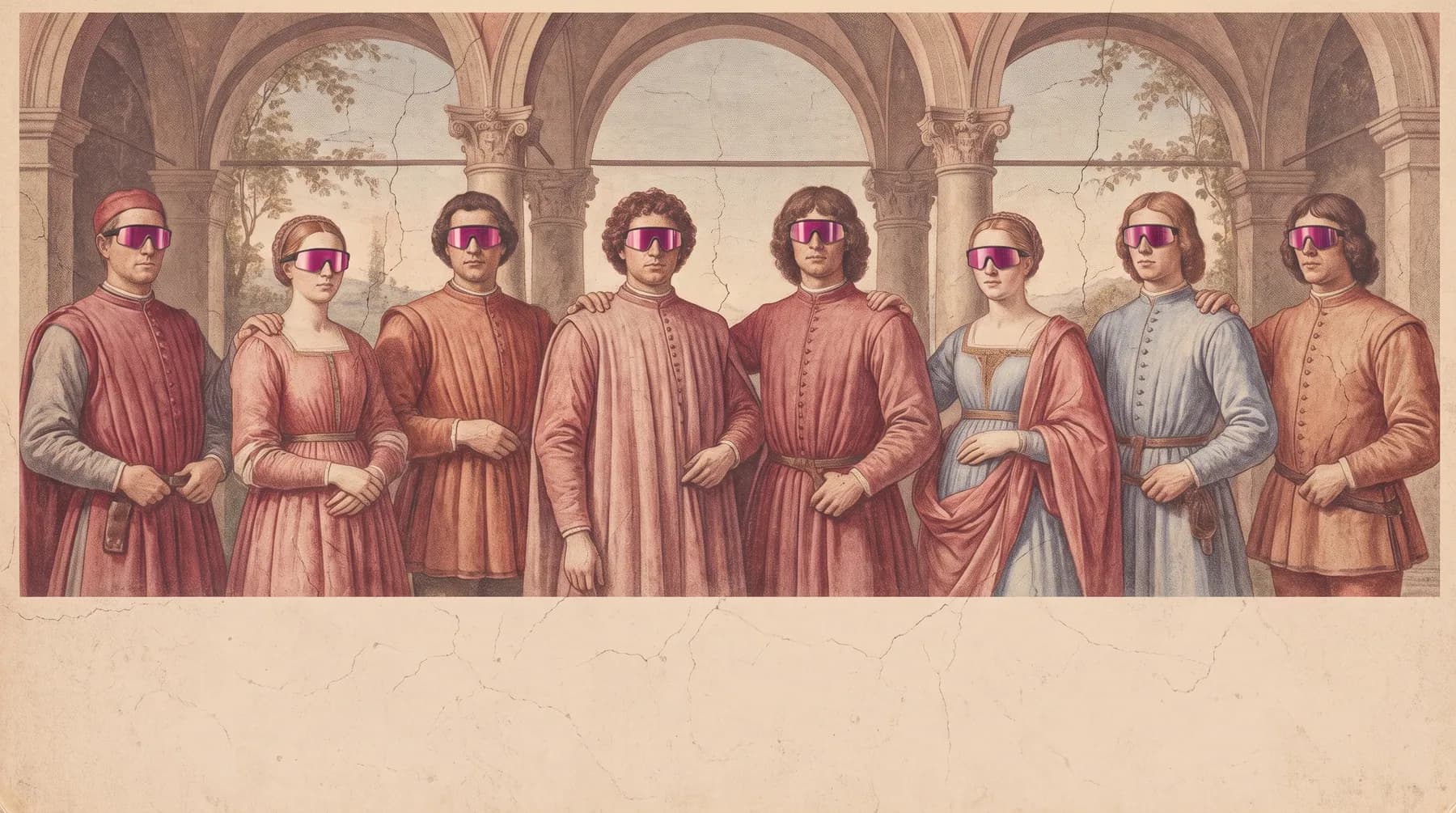 A row of Florentine citizens standing shoulder to shoulder, all wearing mirrored pink visors